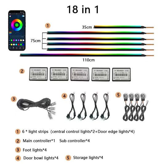 18 in 1 Car Ambient Light Car Interior Lights Colorful RGB 64 Color Acrylic Optical Fiber Strip App Atmosphere Lamp for BMW Audi